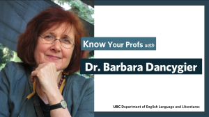An image of Dr. Barbara Dancygier next to text that reads Know Your Profs with Dr. Barbara Dancygier. Dr. Dancygier is wearing is blue shirt. She has shoulder-length red hair, oval glasses, and a watch with black straps. She rests a hand on her chin and smiles slightly at the camera.
